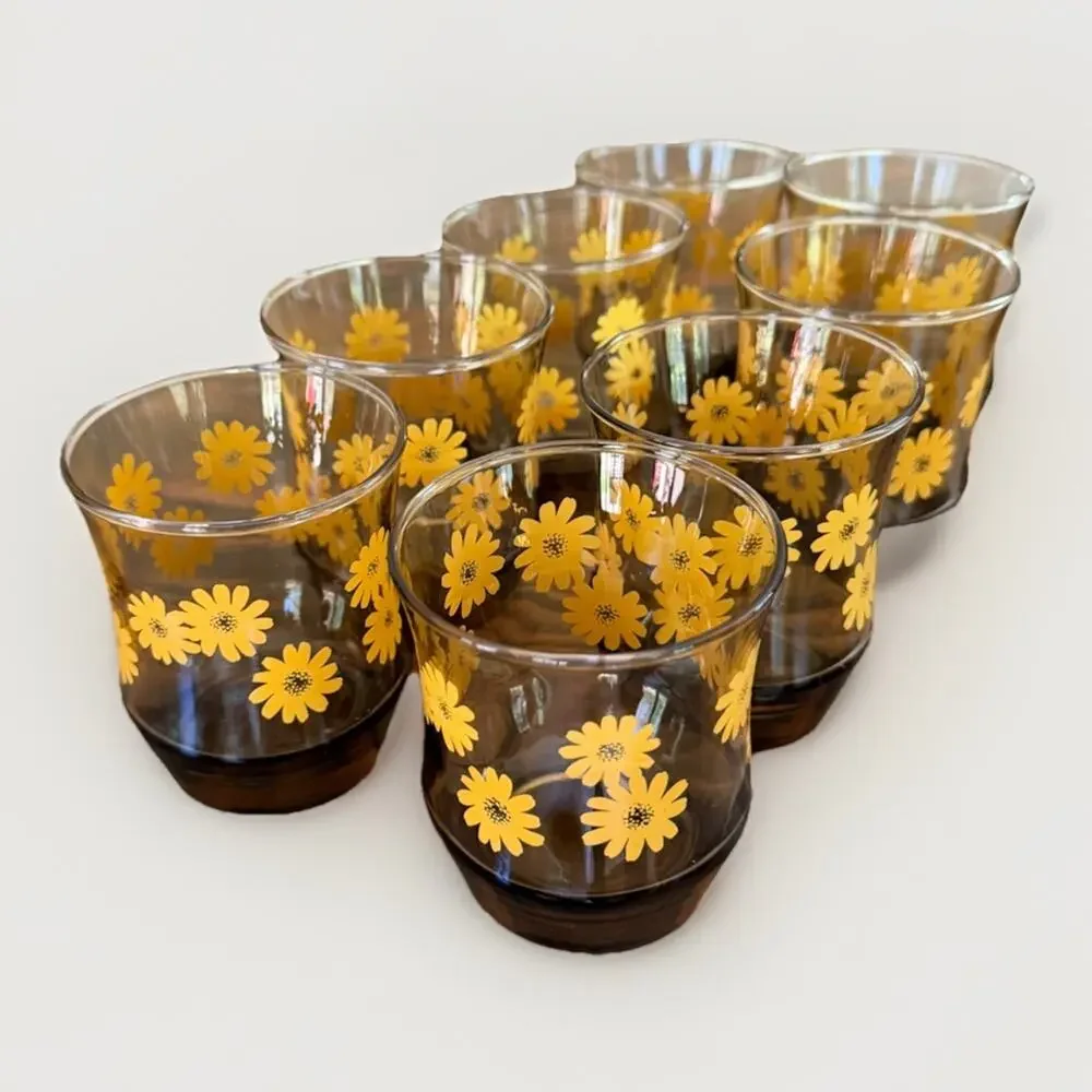 VINTAGE Set Of 8 Libbey Juice Glasses 3” Amber With Yellow Flowers 3545-66